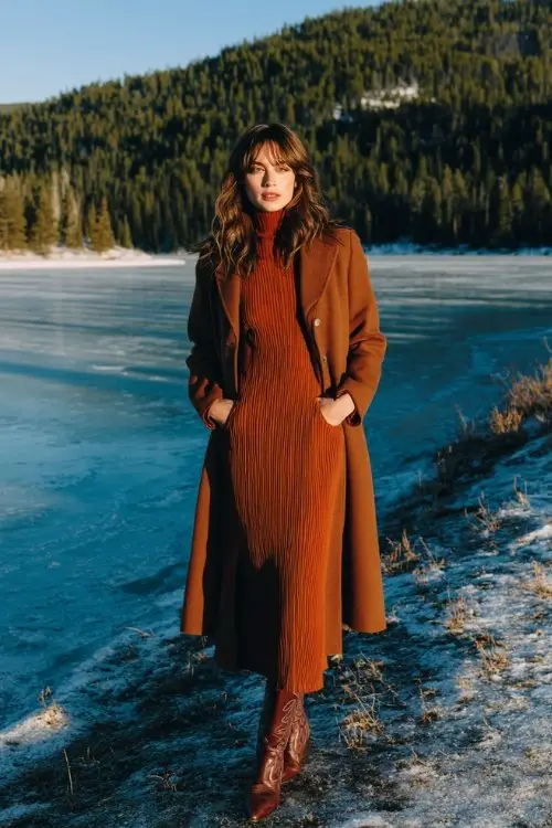 A woman wears a high-neck midi dress in a warm rust tone, styled with tall western boots and a structured wool coat