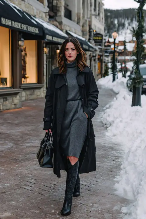A woman wears a long black trench coat over a gray turtleneck sweater dress, paired with tall black cowboy boots and a structured handbag