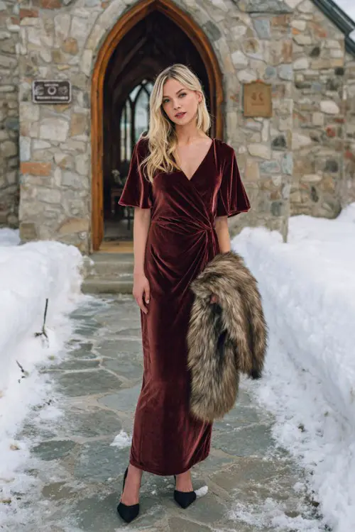 A woman wears a long burgundy velvet dress with a deep V-neckline and flutter sleeves, styled with black suede heels and a faux fur stole