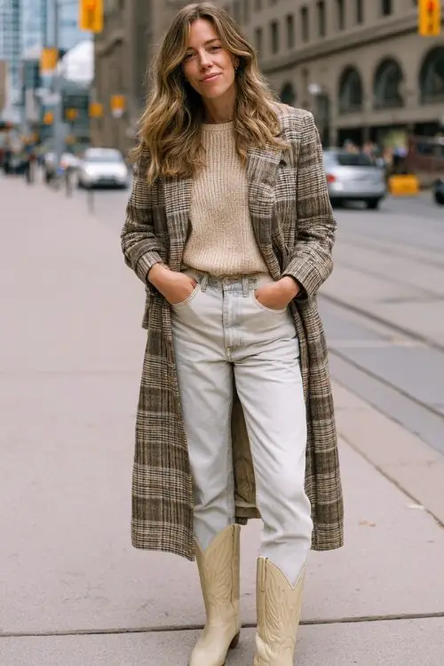 A woman wears a long plaid coat over a beige sweater and boyfriend jeans with rolled cuffs to show off her beige cowboy boots