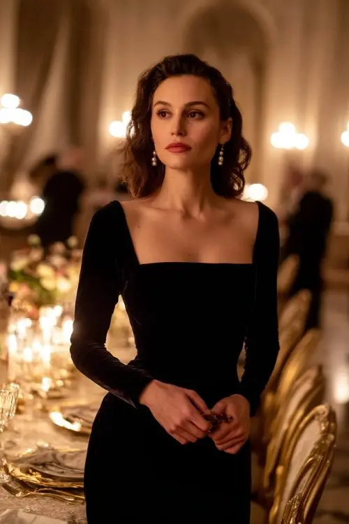 A woman wears a long-sleeve black velvet midi dress with a structured square neckline and pearl earrings