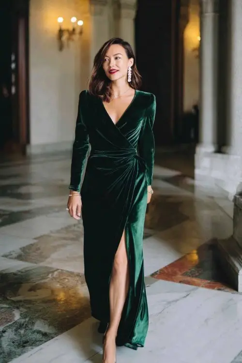 A woman wears a long-sleeve emerald green velvet gown with a wrap front, subtle side slit, and crystal earrings