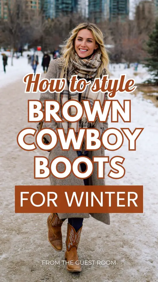 A woman wears a long wool coat, plaid scarf, and brown cowboy boots outfit for winter