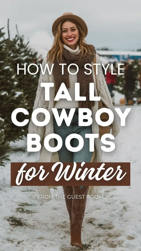 A woman wears a longline cardigan over a fitted turtleneck and jeans and tall cowboy boots outfit for winter