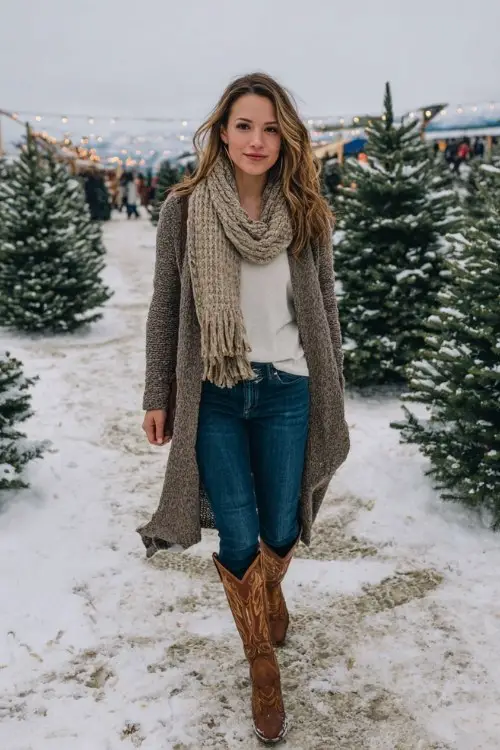 A woman wears a longline cardigan over a fitted turtleneck and jeans, styled with tall brown cowboy boots and a cozy knit scarf