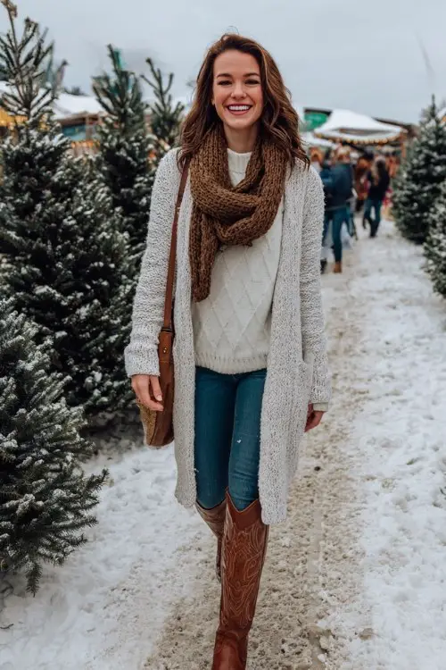A woman wears a longline cardigan over a fitted turtleneck and jeans, styled with tall brown cowboy boots and a cozy knit scarf