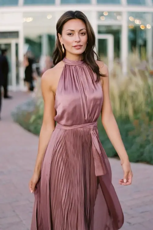 A woman wears a mauve satin high-neck gown with a pleated skirt and waist tie, layered under a flowing chiffon wrap that moves gently in the breeze