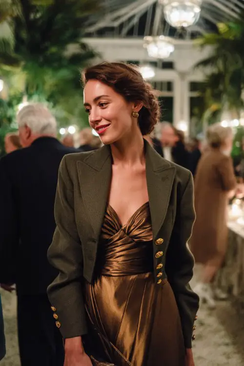 A woman wears a metallic bronze column dress with a twisted neckline and long cuffed sleeves, layered under a tailored forest green wool opera coat with gold buttons