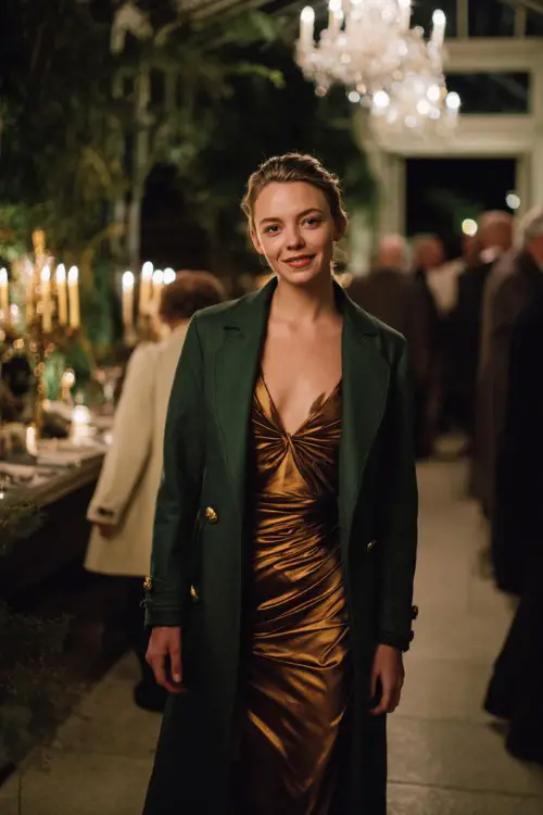 A woman wears a metallic bronze column dress with a twisted neckline and long cuffed sleeves, layered under a tailored forest green wool opera coat with gold buttons