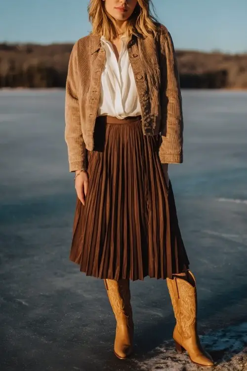A woman wears a pleated brown wool midi skirt with a tucked-in ivory blouse and a cropped corduroy jacket, styled with tall tan cowboy boots