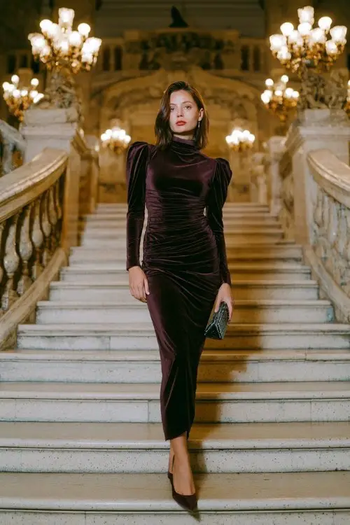 A woman wears a plum gown in stretch velvet with a mock neck, open back, and ruched detailing down one side, styled with pointed heels and a statement clutch