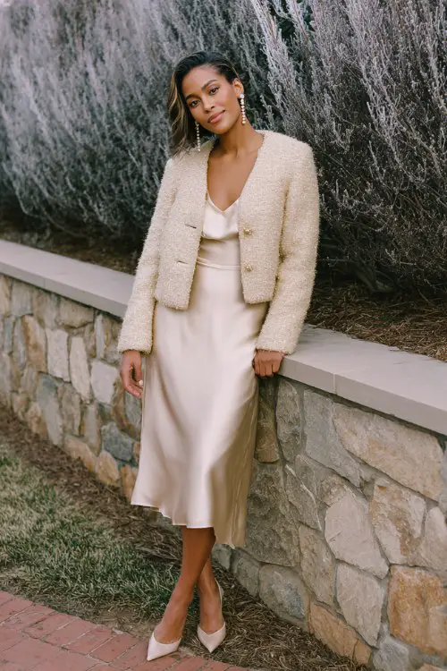 A woman wears a satin champagne slip dress with a cropped boucle jacket in cream and gold threading