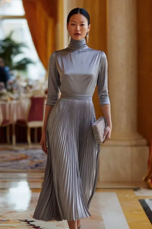 A woman wears a silver-gray long-sleeve gown with a pleated skirt and high neckline