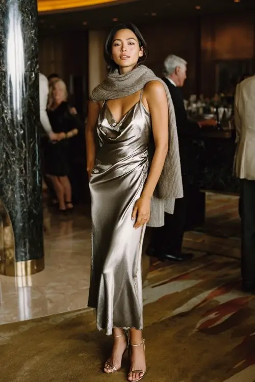 A woman wears a silver metallic gown with a draped neckline and flared hem, wrapped in a fine-knit wool scarf and paired with strappy heels
