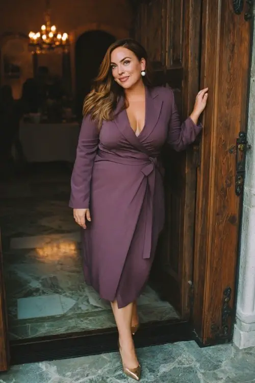 A woman wears a silver metallic gown with a draped neckline and flared hem, wrapped in a fine-knit wool scarf and paired with strappy heels