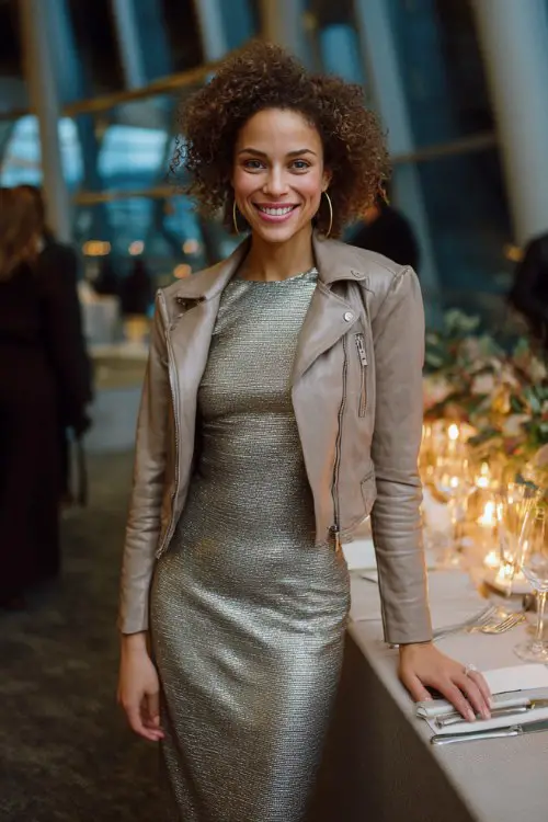 A woman wears a silver metallic midi dress with full sleeves and a fitted silhouette, paired with a structured blush leather moto jacket