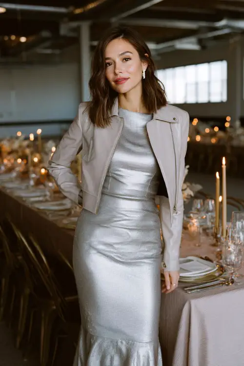 A woman wears a silver metallic midi dress with full sleeves and a fitted silhouette, paired with a structured blush leather moto jacket