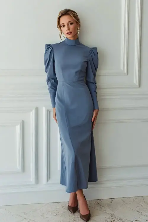 A woman wears a slate-blue gown with a high neckline, long tailored sleeves, and a gently flared hem, styled with pearl accessories and heeled pumps
