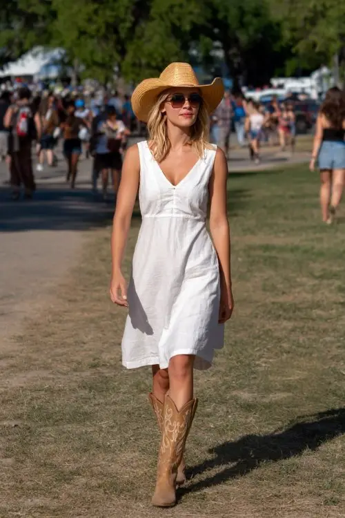 A woman wears a sleeveless white linen dress with beige cowboy boots and a straw cowboy hat