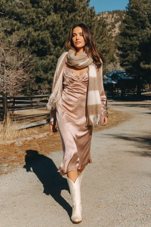 A woman wears a soft blush long-sleeve satin slip dress with a cozy cashmere scarf and cream-colored cowboy boots