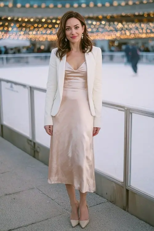 A woman wears a soft blush satin midi dress with a boat neck and cap sleeves, layered under a white cropped blazer