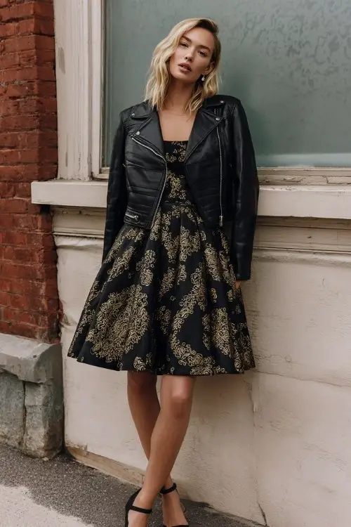 A woman wears a structured black fit-and-flare dress with gold embroidery, styled with a cropped leather jacket and ankle-strap heels