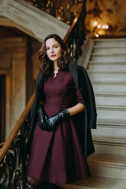 A woman wears a structured maroon midi dress with a scalloped neckline, styled with a charcoal wool swing coat, black tights, and leather gloves