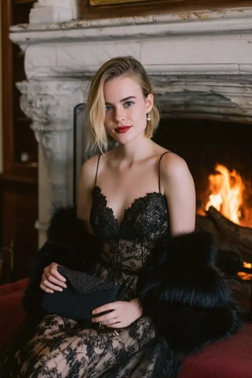A woman wears a tulle midi dress with a black lace overlay and sweetheart neckline, finished with a faux fur stole and satin clutch