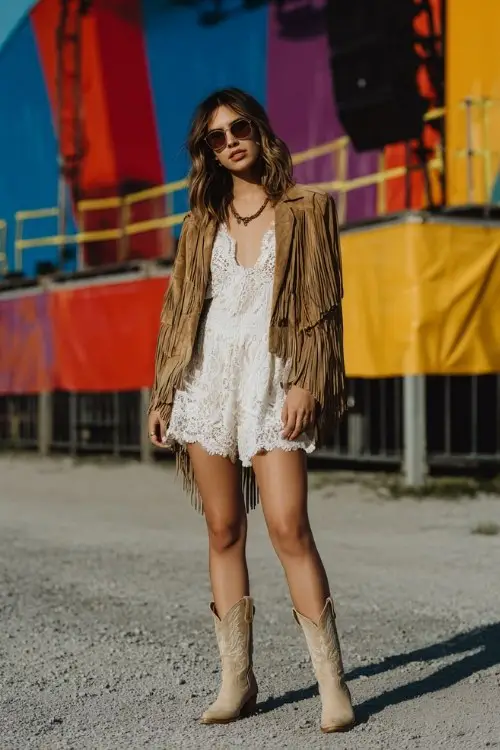A woman wears a white lace romper with beige cowboy boots and a suede fringe jacket, posing near a colorful stage