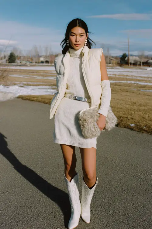 A woman wears a white sweater dress layered under a cropped ivory puffer vest, paired with white cowboy boots and pearl stud earrings