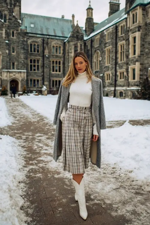 A woman wears a white turtleneck sweater tucked into a pleated plaid midi skirt, styled with tall white cowboy boots and a tailored wool coat