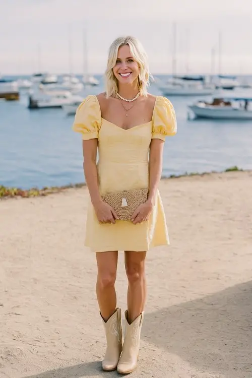 A woman wears a yellow sundress with puff sleeves and beige cowboy boots, accessorized with a shell necklace and raffia clutch for a coastal summer wedding