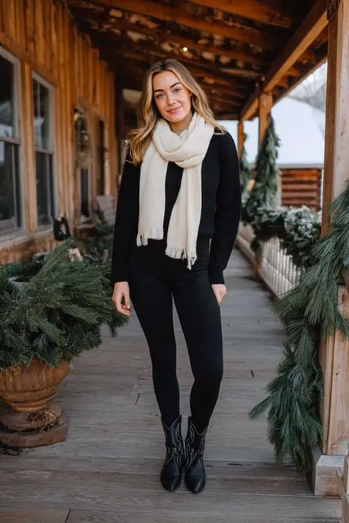 A woman wears an all-black outfit with leggings, short cowboy boots, and a mock-neck ribbed sweater, accented by a soft ivory scarf