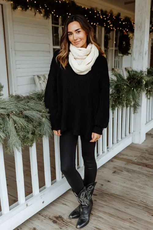 A woman wears an all-black outfit with leggings, short cowboy boots, and a mock-neck ribbed sweater, accented by a soft ivory scarf