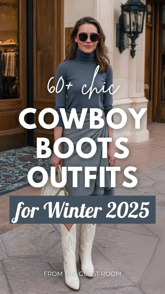 A woman wears an asymmetrical wool wrap skirt in slate grey paired with a fitted cashmere turtleneck and cowboy boots outfit for winter