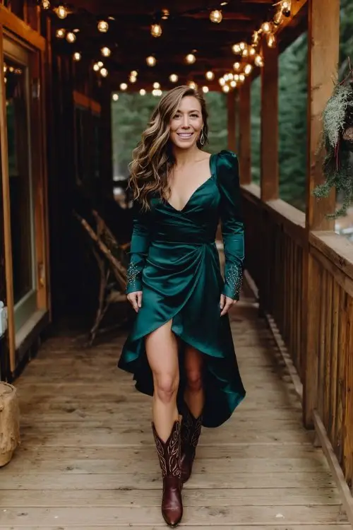 A woman wears an emerald satin high-low dress with long fitted sleeves and metallic accents, paired with rich brown western boots