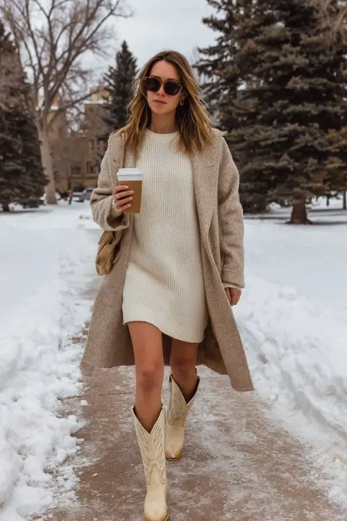 A woman wears an oversized cream sweater dress with beige cowboy boots and a wool coat while walking through a snowy park with coffee in hand