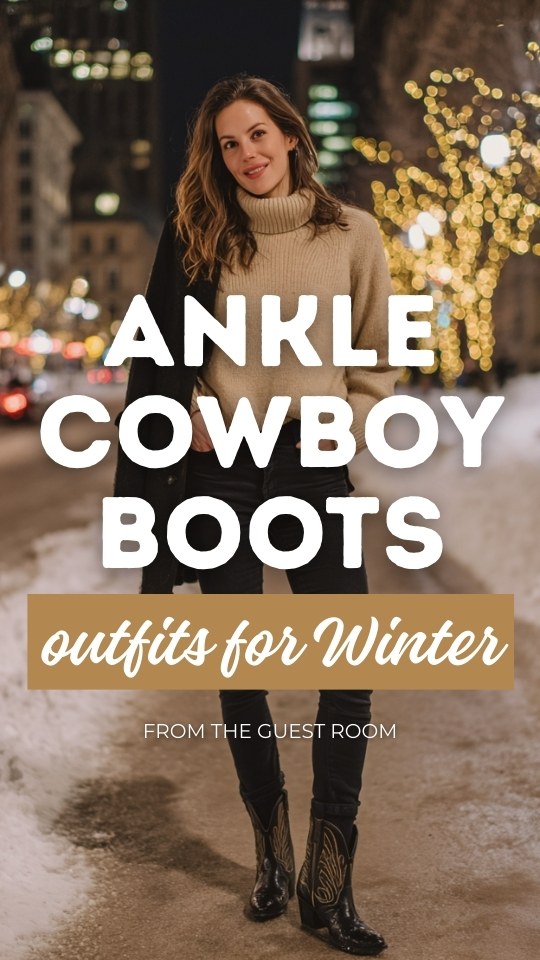 A woman wears ankle cowboy boots outfit for winter with black skinny jeans, a beige turtleneck sweater, and a black wool coat