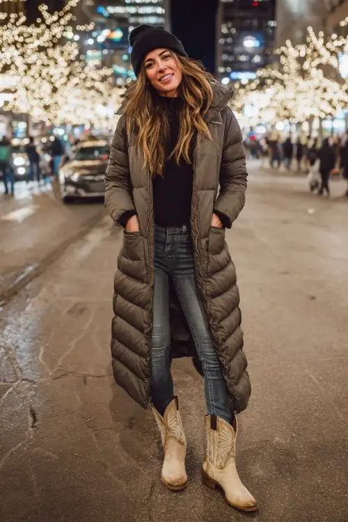A woman wears ankle cowboy boots with skinny jeans and a long puffer coat, standing on a busy winter street lined with lights