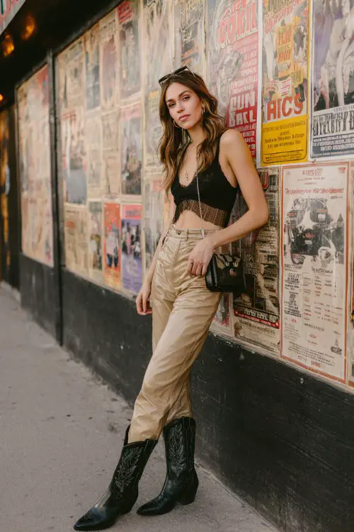 A woman wears beige cowboy boots with faux leather pants, a mesh top layered over a black bralette, and a bold clutch
