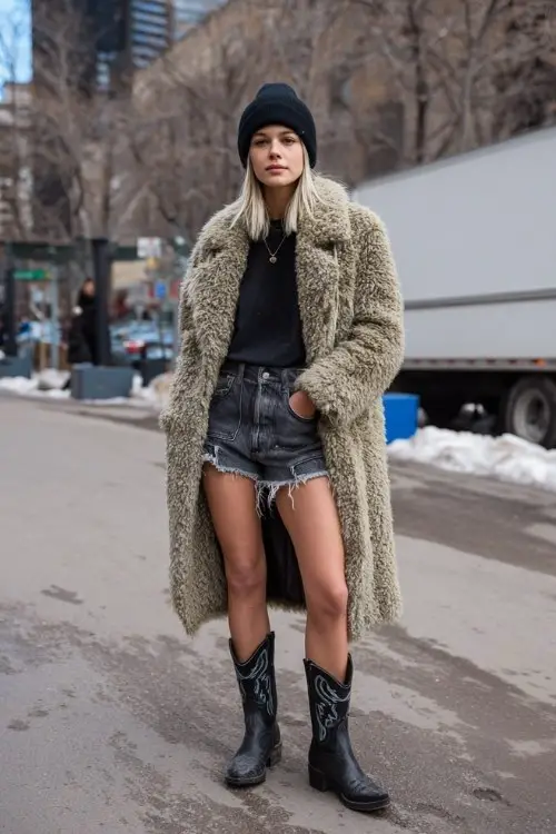A woman wears black denim with frayed hems, short black cowboy boots, a long fuzzy coat, and a beanie