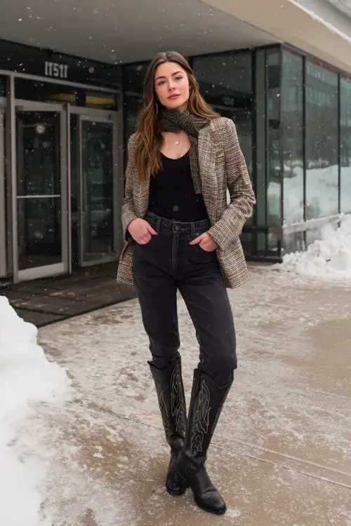 A woman wears black jeans with tall black cowboy boots, a mock-neck top, and a plaid blazer layered with a scarf
