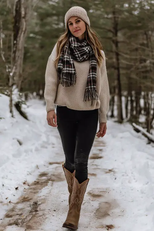 A woman wears black leggings with classic brown cowboy boots, a chunky beige sweater, and a plaid scarf
