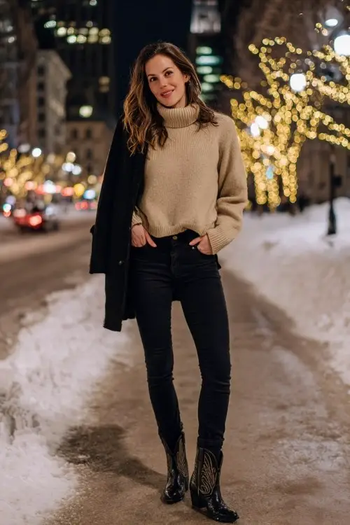 A woman wears black skinny jeans tucked into short black cowboy boots, a beige turtleneck sweater, and a black wool coat