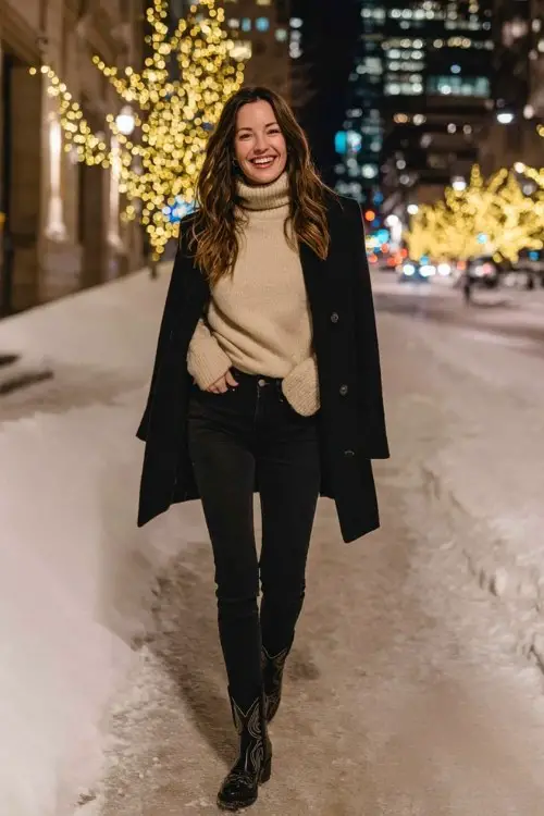 A woman wears black skinny jeans tucked into short black cowboy boots, a beige turtleneck sweater, and a black wool coat