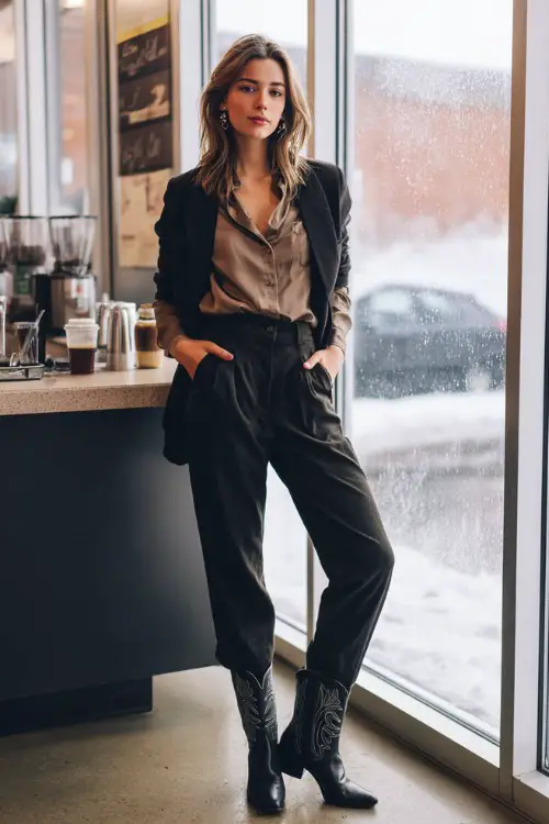 A woman wears black slacks over black cowboy boots, a silk blouse, and a structured jacket