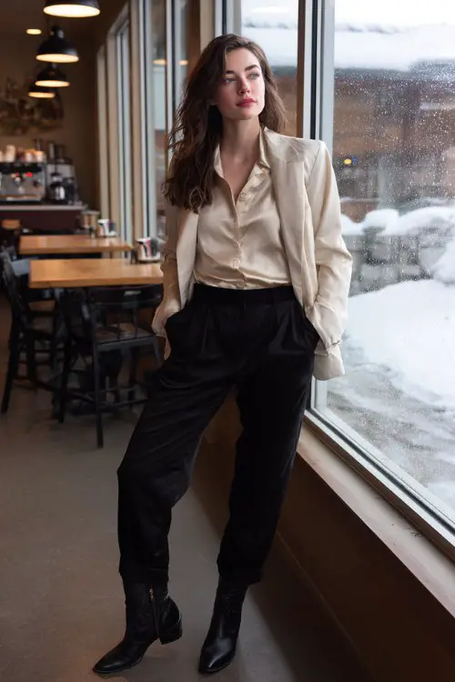 A woman wears black slacks over black cowboy boots, a silk blouse, and a structured jacket