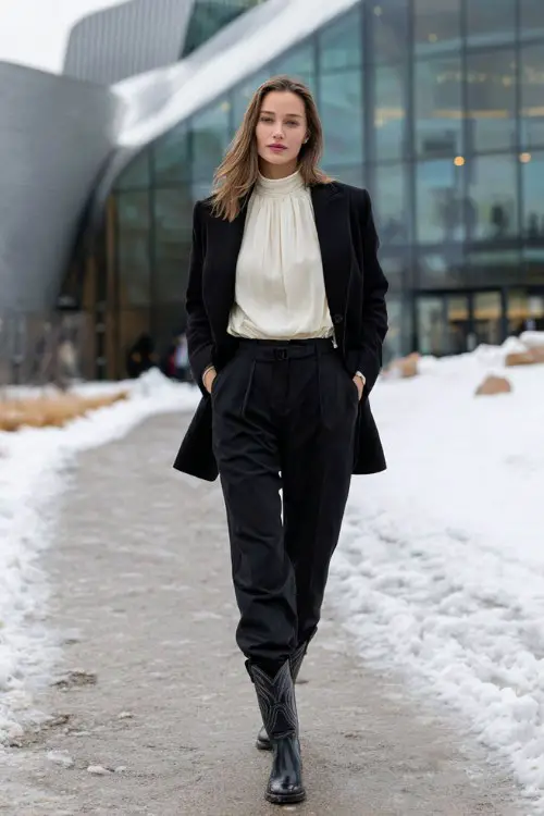 A woman wears black tailored trousers tucked into polished black cowboy boots, a high-neck cream blouse, and a structured black wool coat