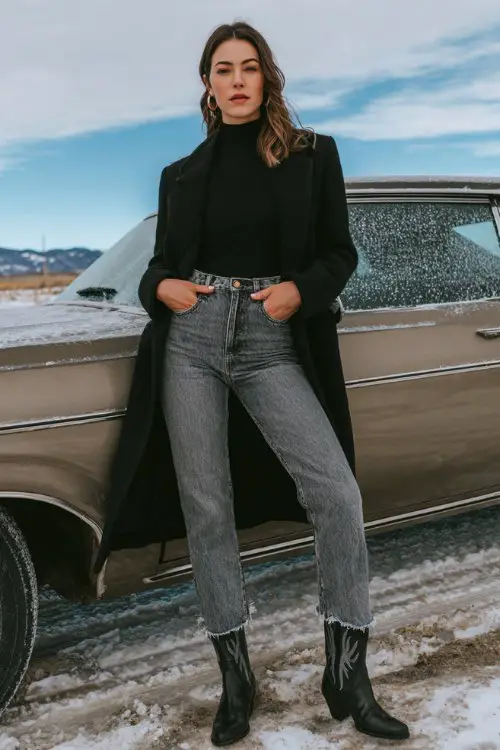 A woman wears bootcut jeans with frayed hems, black cowboy boots, a fitted mock neck top, and a structured black wool coat