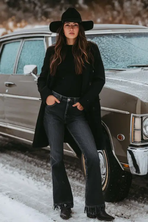 A woman wears bootcut jeans with frayed hems, black cowboy boots, a fitted mock neck top, and a structured black wool coat